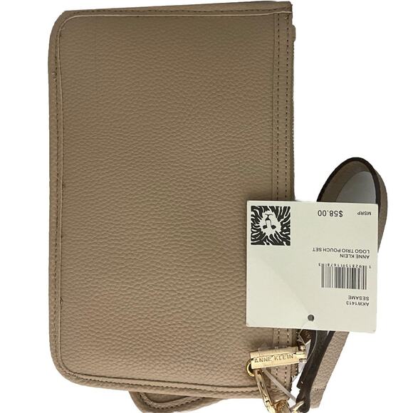 Anne Klein Logo Trio (3 piece) Pouch Set Tan Sesame New With Tag NWT Gold Tone - Picture 9 of 9